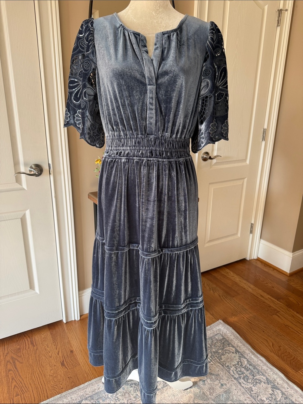 Umgee Blue Velvet Embroidered Sequin Sleeve Tiered Midi Dress M